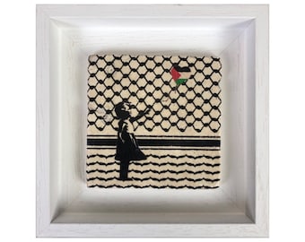 Banksy&#39;s Girl with Palestine Balloon Keffiyeh Design Stone Art SMALL