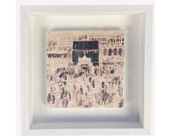 The Kaaba circa 1887 Stone Art  - MEDIUM Islamic Gift Framed Wall Art Stone Travertine Tile