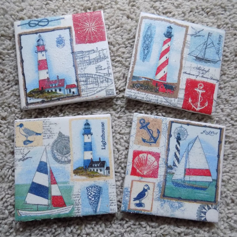 Lighthouse and Nautical Ceramic Tile Coasters set of 4 image 2