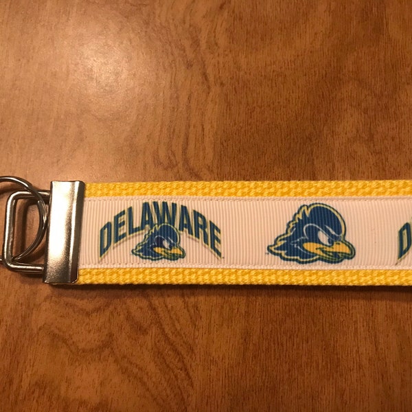 Yellow and White University of Delaware Cotton Webbing Keychain/ Keyfob/ Wristlet