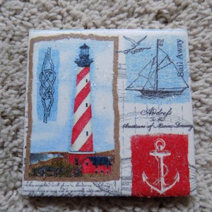 Lighthouse and Nautical Ceramic Tile Coasters set of 4 image 1