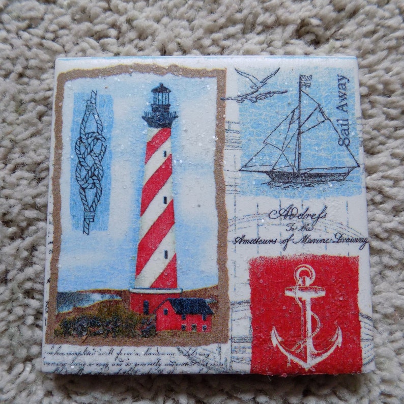 Lighthouse and Nautical Ceramic Tile Coasters set of 4 image 1