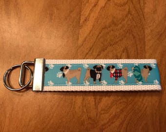 White and Blue Pug Cotton Webbing Keychain/ Keyfob/ Wristlet