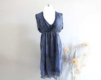 Vintage Pure Silk Chiffon Dress Made in Italy Navy Blue Chiffon Floral Summer Dress Size S-M