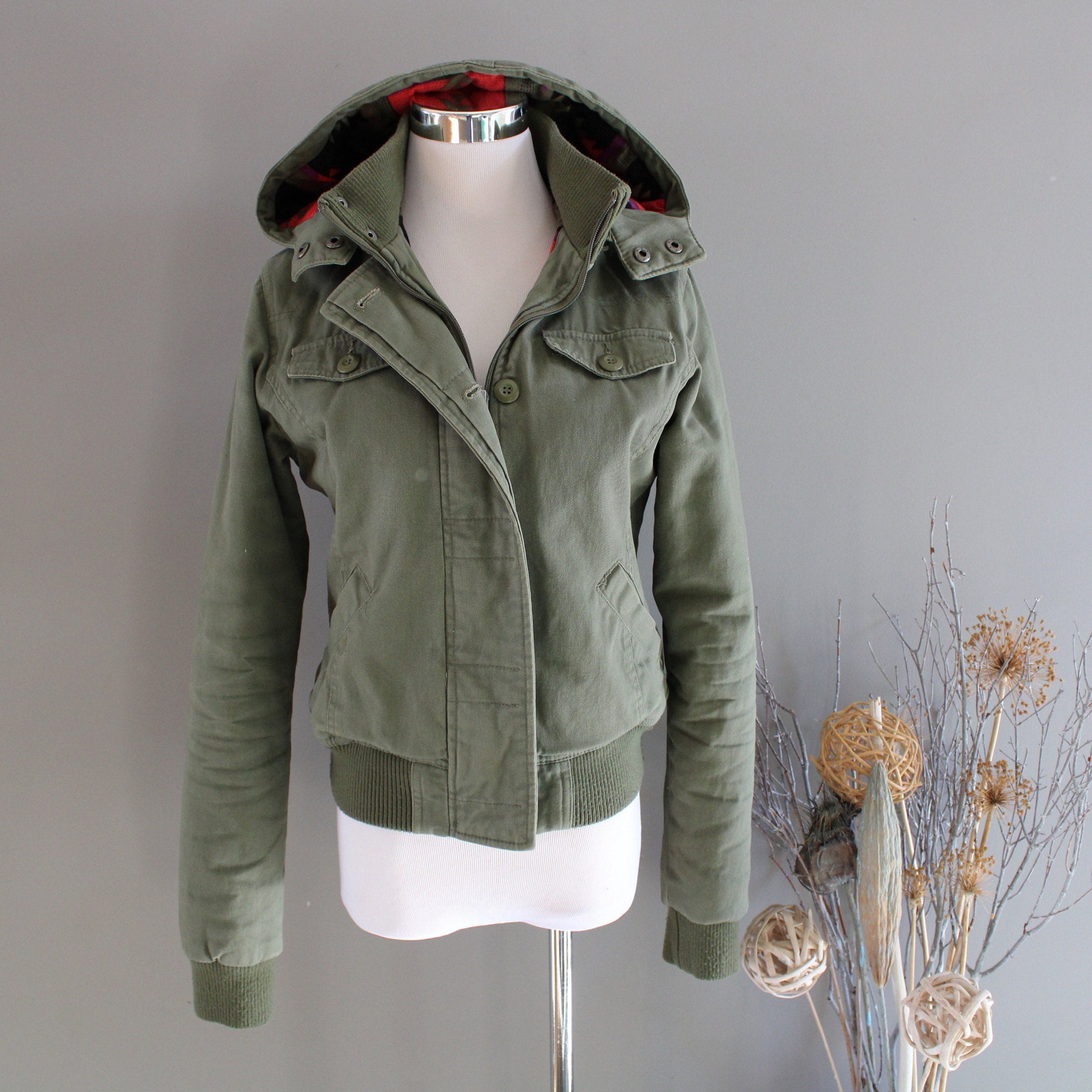 Buy Vintage Olive Green Canvas Bomber Jacket Fleece Quilted Online