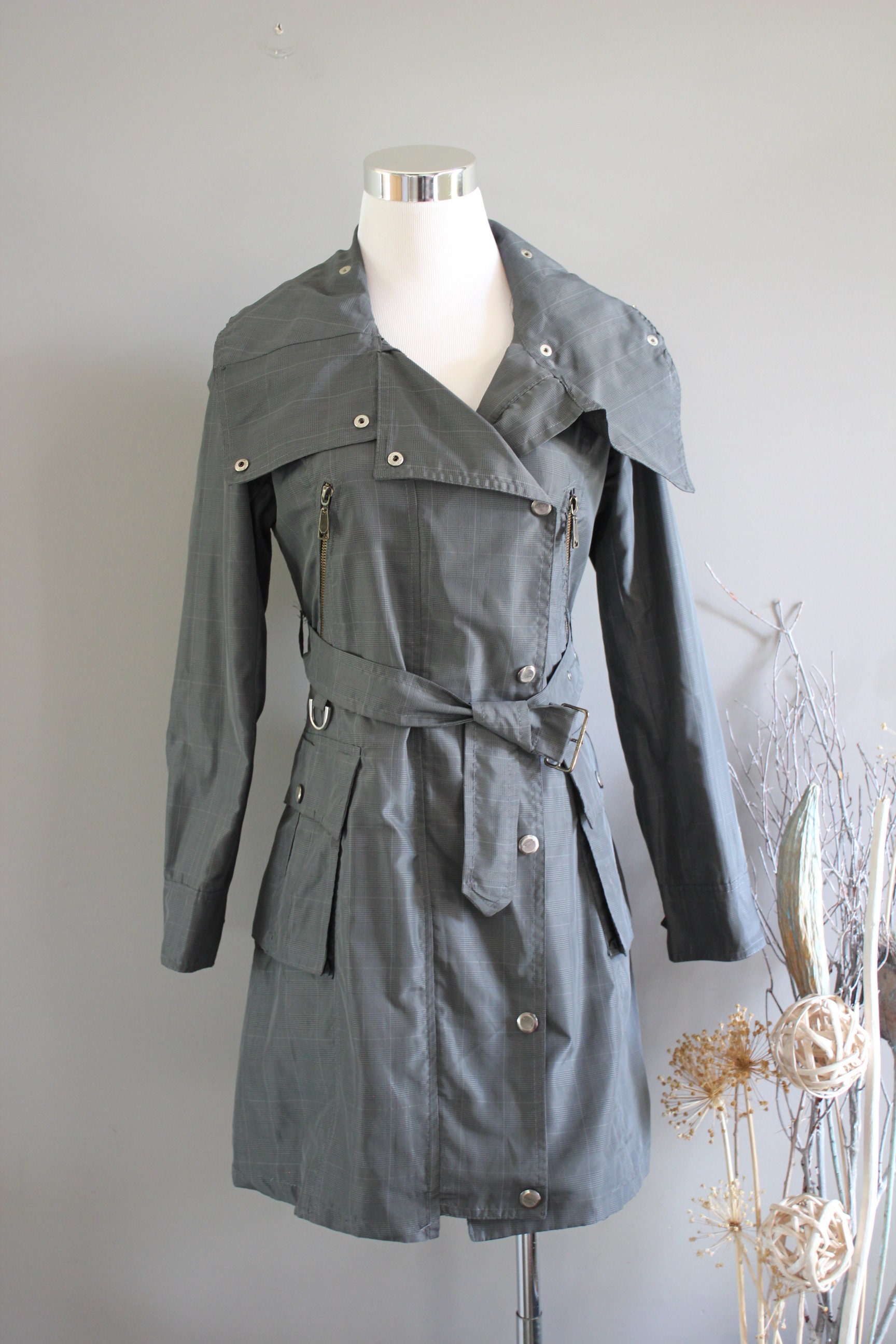 Vintage Trench Coat Water-proof Trench Coat Plaid Parka Coat 