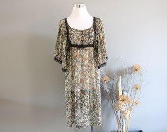 Vintage Boho Floral Chiffon Dress Sheer Floral Print Loose Flowy Swing Summer Dress Size S-M