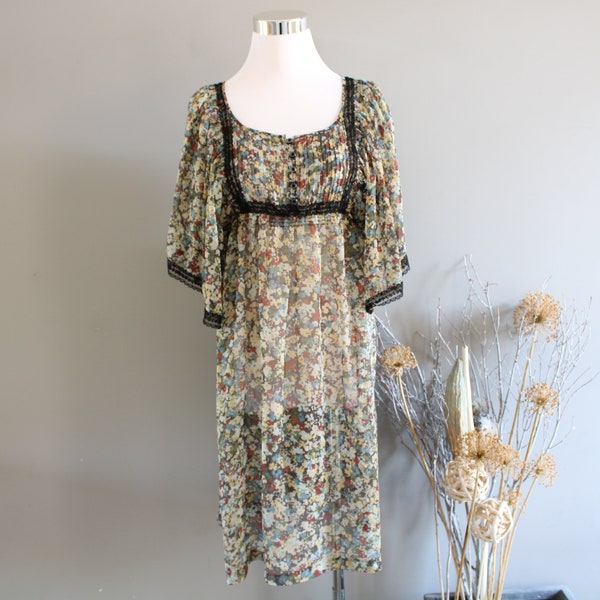 Vintage Boho Floral Chiffon Dress Sheer Floral Print Loose Flowy Swing Summer Dress Size S-M