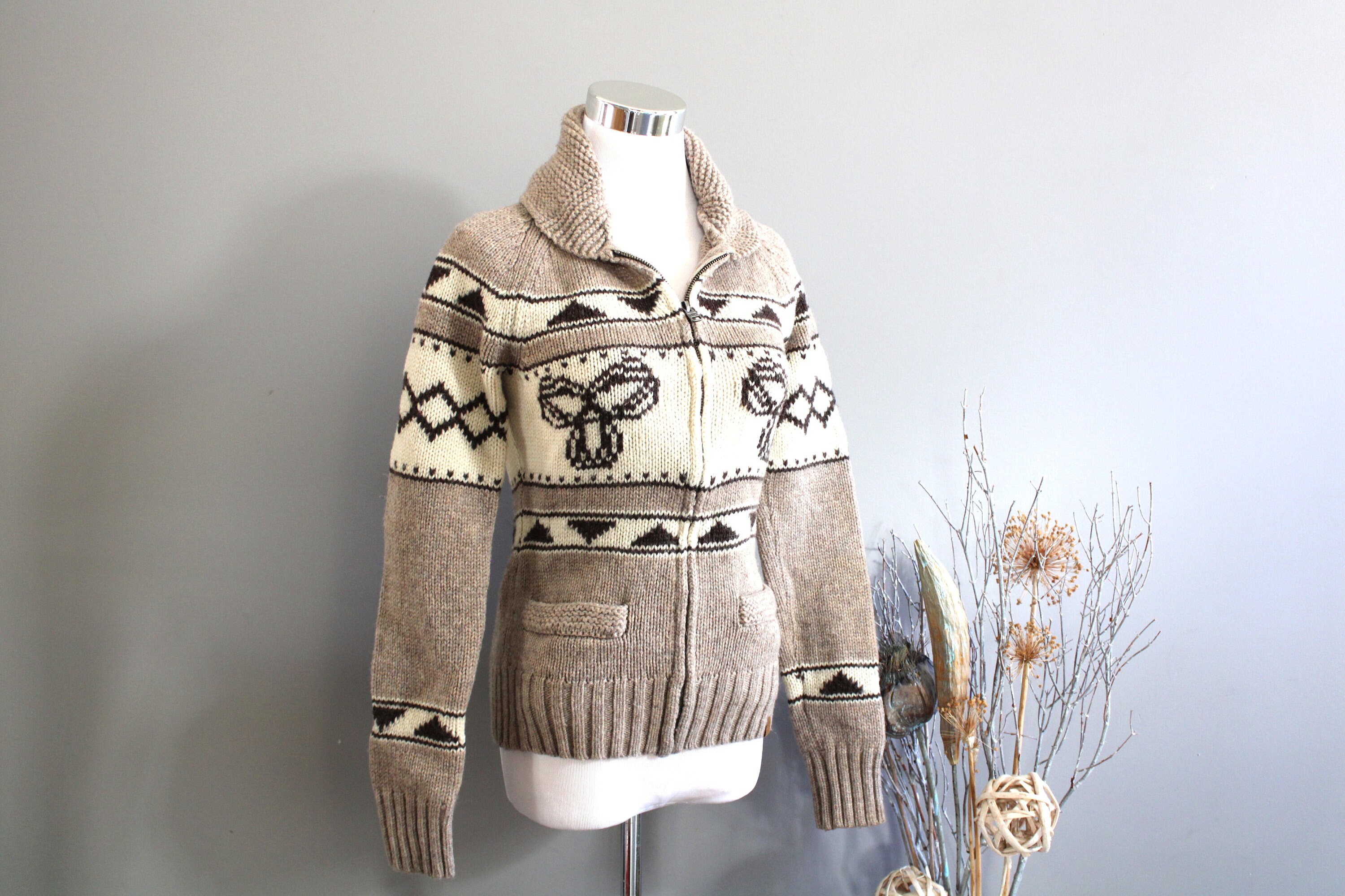 Vintage TNA Wool Cowichan Zip up Cardigan Taupe Nordic