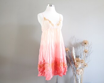 Vintage Tie Dye Cami Dress Summer Casual Midi Dress Spaghetti Straps Dress Embroidery Pink Orange Size S-M D051A