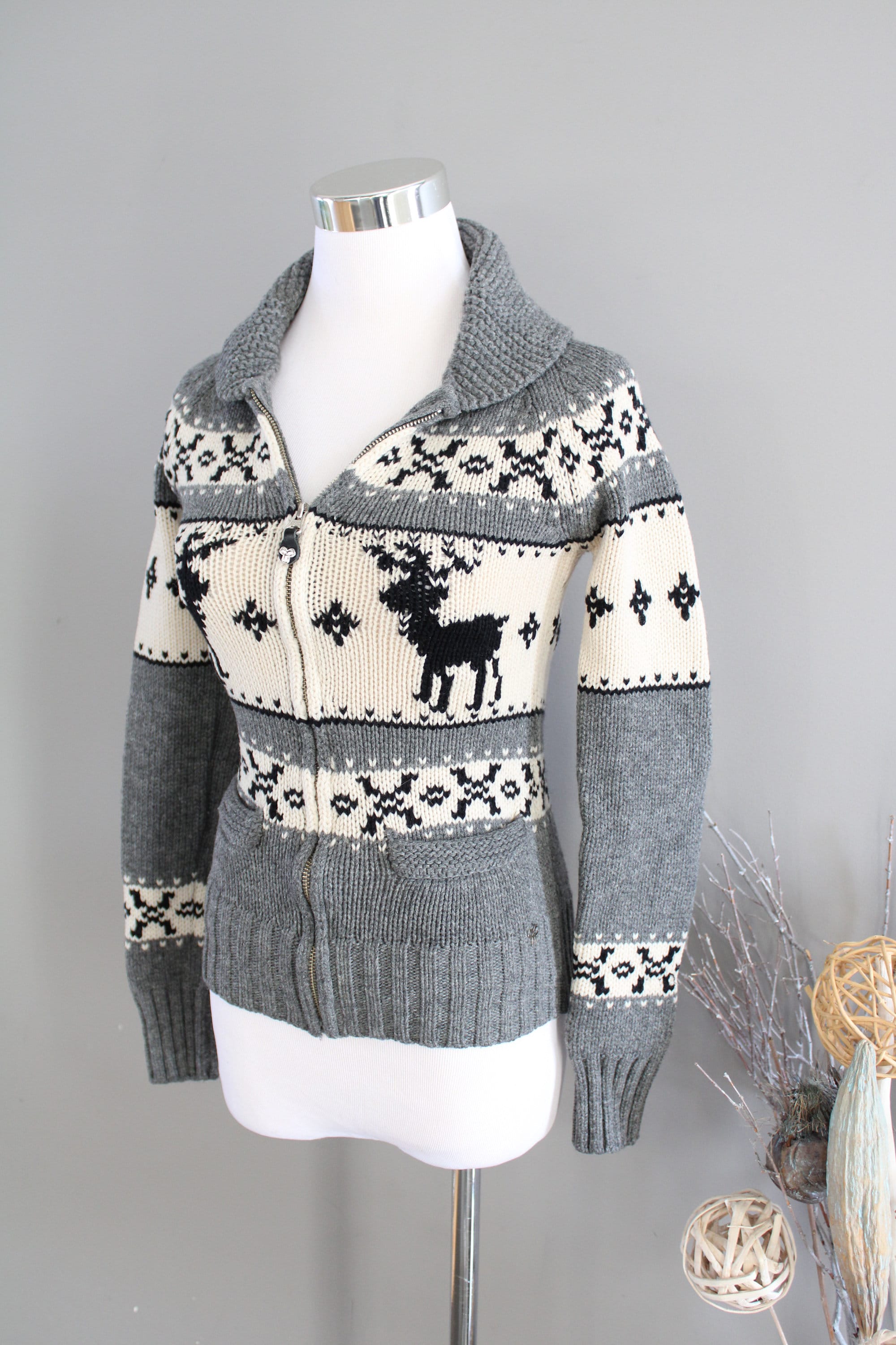 Vintage TNA Wool Cowichan Cardigan: Grey Reindeer Knit, Slim
