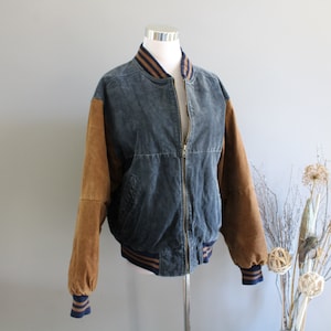 Vintage Suede Bomber Jacket Caramel And Blue Quilted Leather Jacket Unisex 80s 90s Size M O296A