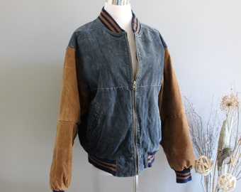 Vintage Suede Bomber Jacket: Caramel & Blue Quilted Leather, Unisex Size M