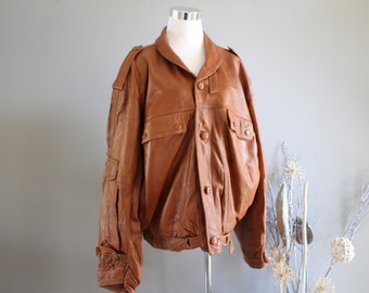 Vintage Brown Leather Bomber Jacket: Soft Genuine Leather, Size M-L
