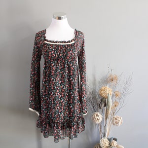 Vintage Floral Chiffon Dress: Sheer Boho Summer Swing, Size S