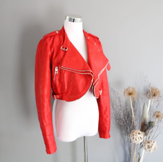 Vintage Red Cropped Biker Jacket Guess Faux Leather J… - Gem