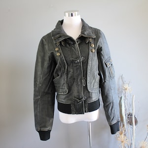 vintage Cuir Véritable Noir Gris Bomber Jacket Moto Veste En Cuir Grand Cou Cuir Doux Coton Doublure Taille XS vintage années 90 #O167A