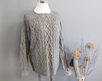 Vintage Cable Knit Sweater taupe Boho Nordic Jumper Fishermen knit K422A