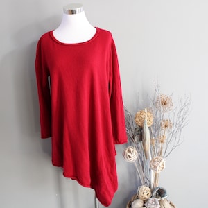 Vintage 100% Cashmere Sweater Red Asymmetric Long Sweater Ultra Soft Crew Neck Slouchy Minimalist Size L K385A