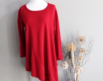 Vintage 100% kasjmier trui: rood asymmetrisch ruimvallend breisel (maat L)