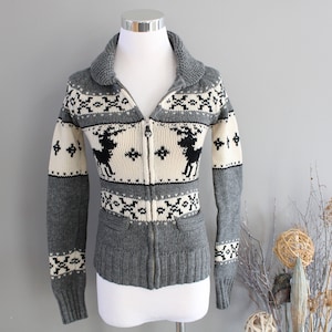 Vintage TNA Wool Cowichan Cardigan: Grey Reindeer Knit, Slim Fit XS