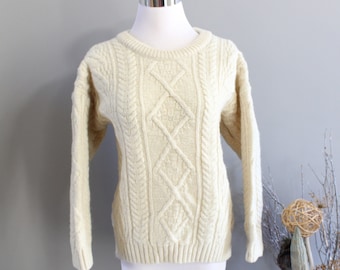 Vintage Handmade England Wool Sweater Ivory Cream Fishermen Sweater Made in UK Cable Knit Size S K359A