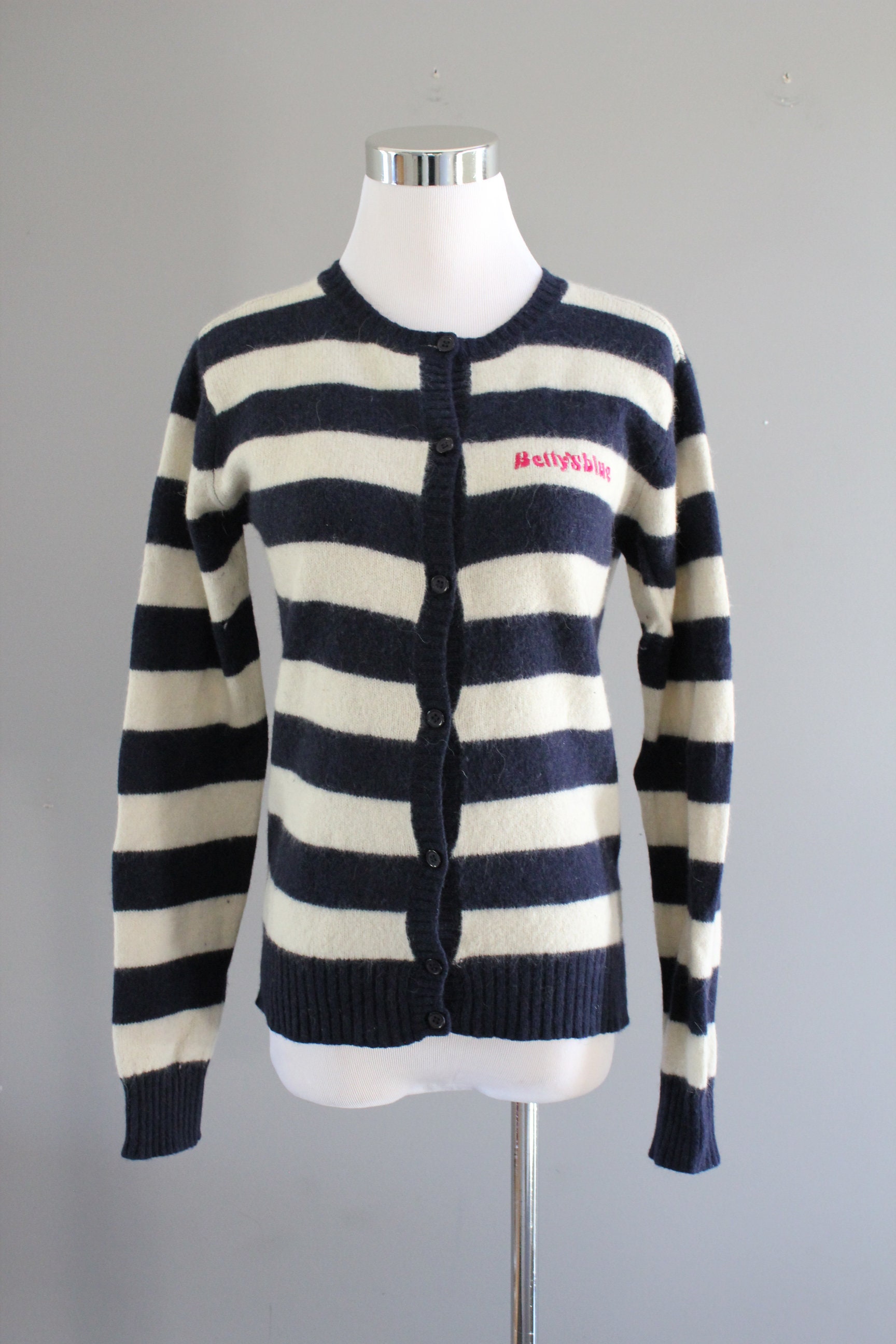 Vintage 90s Striped Mohair Blend Cardigan: Navy & White, Size S - Etsy