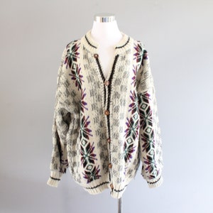 Vintage Handmade Wool Cardigan Nordic Cardigan Norwegian Wool Sweater Celtic Sweater Slouchy Sweater Fair Isle Sweater 90s Size L  #K131A