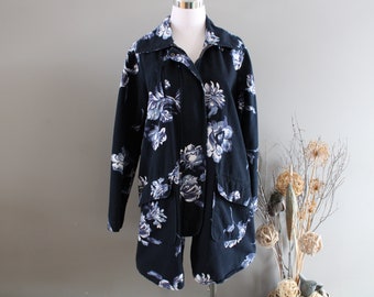 Vintage Floral Print Canvas Jacket Dark Navy Blue Canvas Parka Oversized  Boho Size M-L O351A