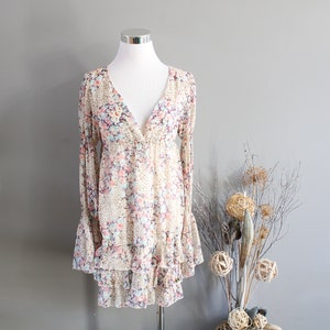 Vintage Floral Chiffon Mini Dress: Sheer Boho Swing, Size S