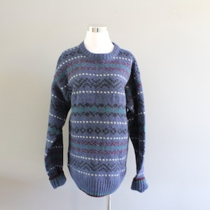 Vintage Wool Blend Blue Nordic Norwegian Fair Isle Sweater Thick Pure Wool Icelandic Sweater 90s Made in USA Size M-L #K117A
