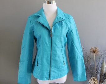 ジャケット・アウター INTERSTATE 70s Turquoise Motorcycle Turquoise Biker Jacket INTERSTATE 70s Turquoise Motorcycle