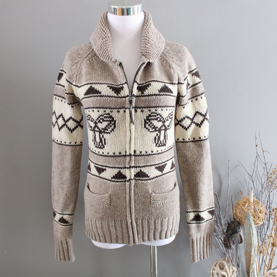 Vintage TNA Wool Cowichan Zip up Cardigan Taupe Nordic Cardigan 