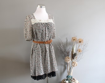 Vintage tunic Dress Floral Print Square Neck Loose Flowy Swing Summer Dress Size S-M