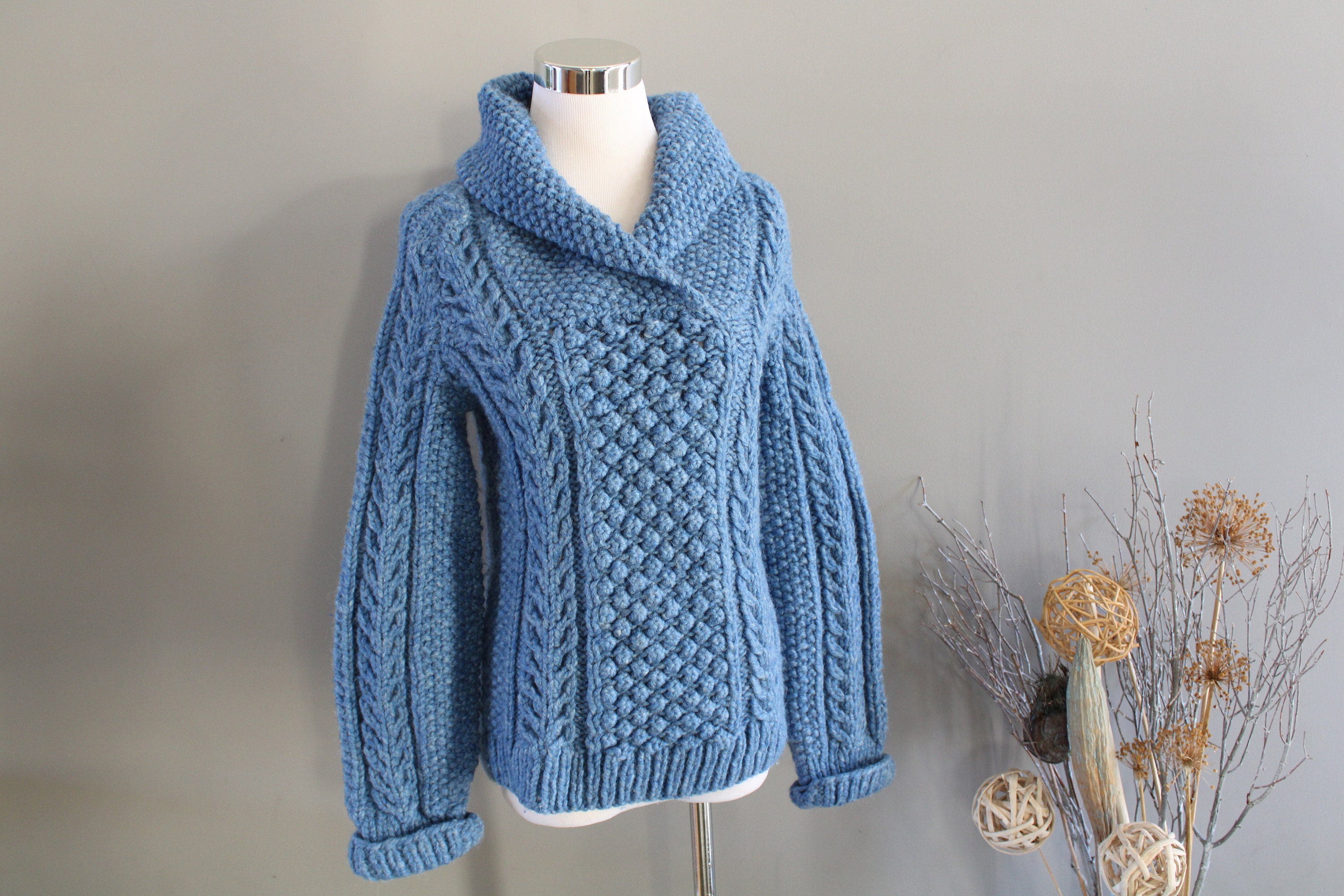 【MODERNIF】Boucle Span Fisherman Knit Vintage Handknit Fishermen Knit Jumper Nordic Chunky Cable