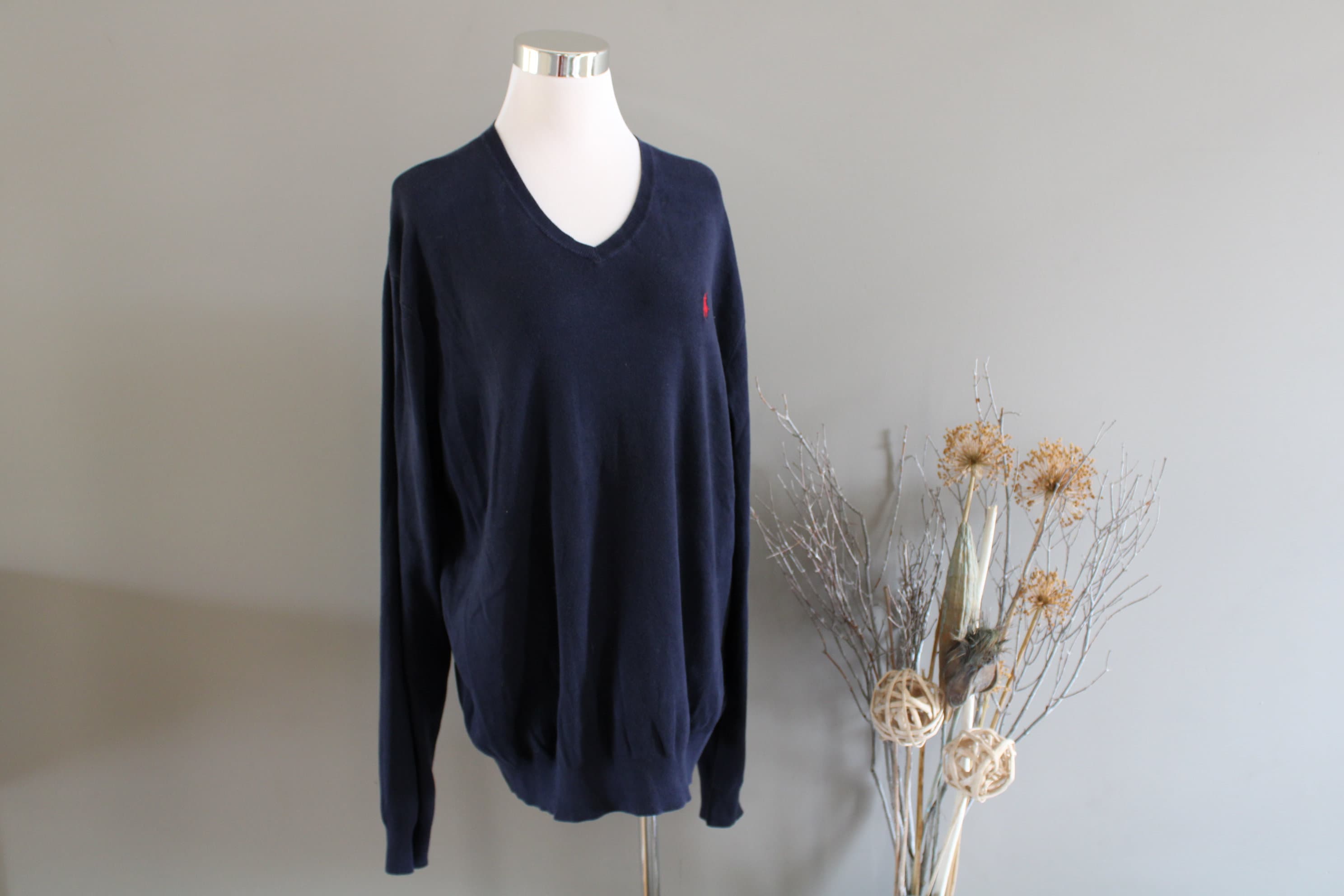 トップス 90's- old ralph lauren cotton knit navy Vintage Ralph Lauren Pima Cotton Sweater: 90s Navy Blue V
