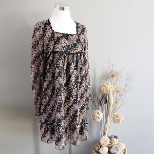Vintage Floral Chiffon Dress: Sheer Boho Flowy Summer Dress Size S