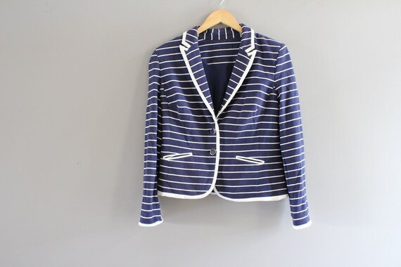 Cotton Navy Blue Blazer Vintage 90s Fitted Blazer