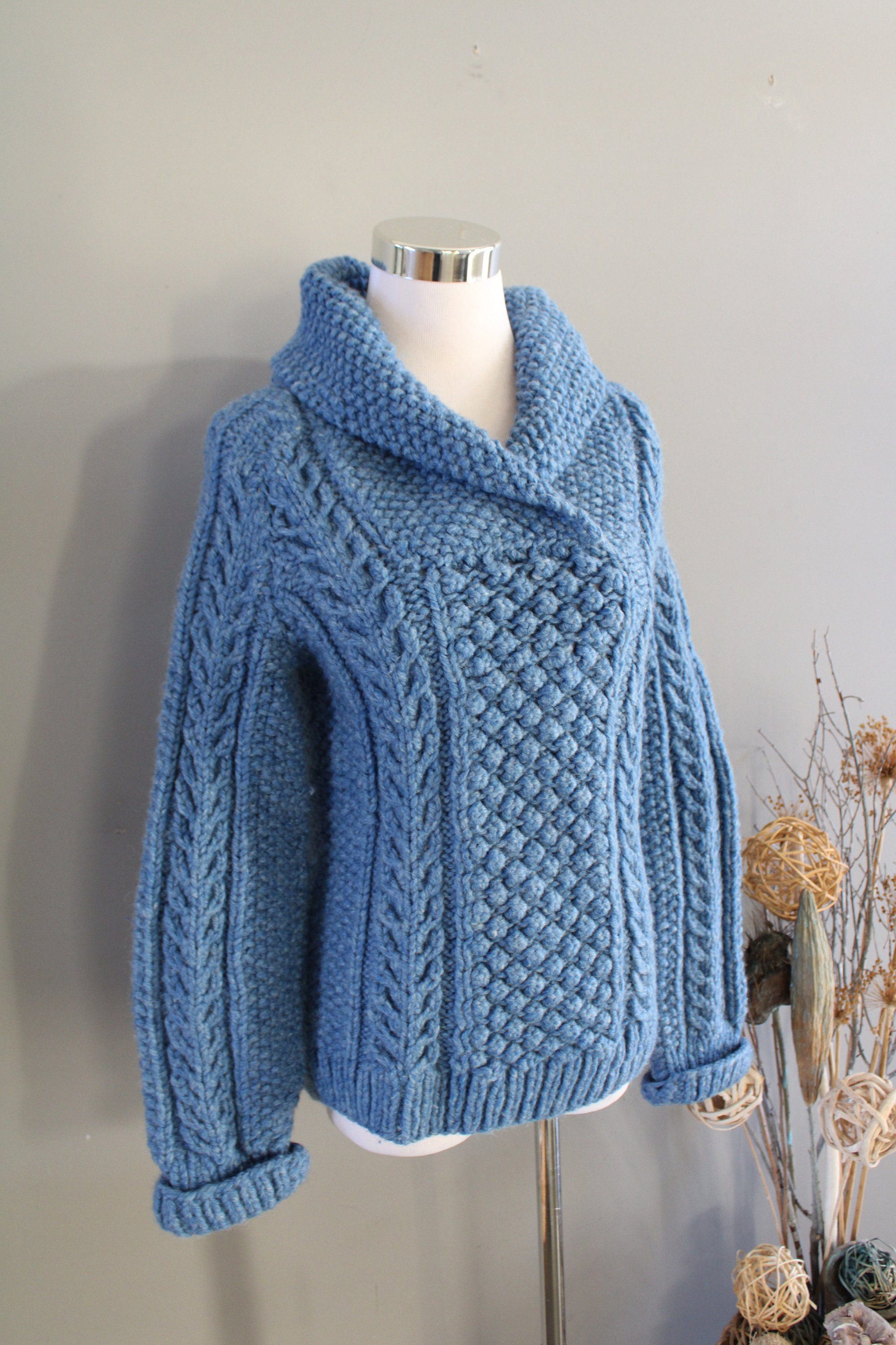 【MODERNIF】Boucle Span Fisherman Knit Vintage Handknit Fishermen Knit Jumper Nordic Chunky Cable