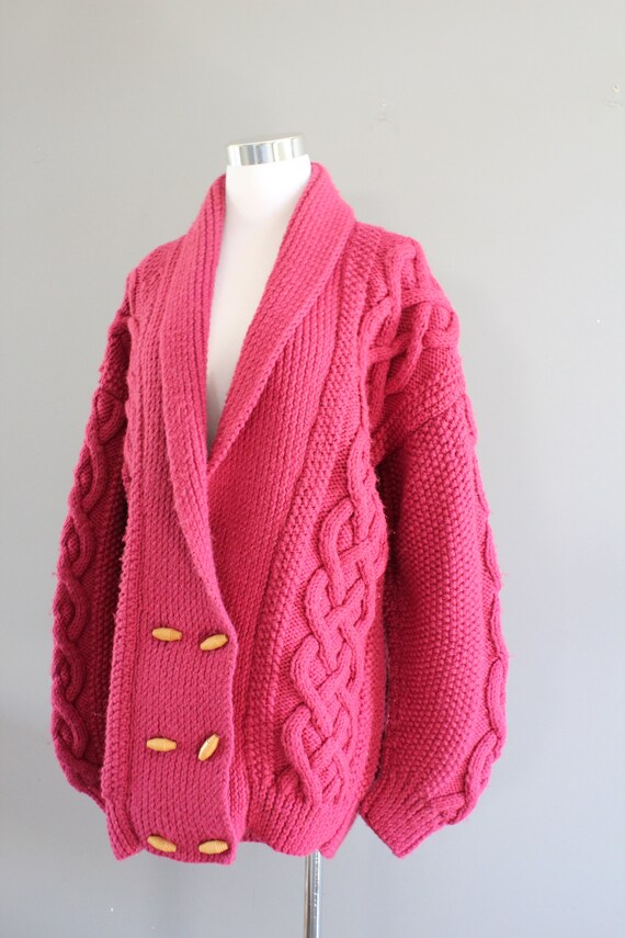 Vintage Handmade Wool Mix Pink Cardigan Cable Kni… - image 5