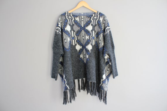 Asymmetric Poncho Tassel Poncho Blue Knitted Ponch