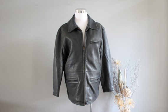 Vintage Roots Black Leather Jacket Made in Canada Genuine Leather Coat 90s 80s Leather Parka Size L Unisex Vintage O250A