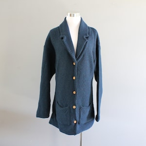 Vintage Pure Wool Knit Long Cardigan Blue  Long Knit Cardigan Wool Knit Blazer Minimalist Wool Cardigan Retro Boho Cardigan Size M #K108A