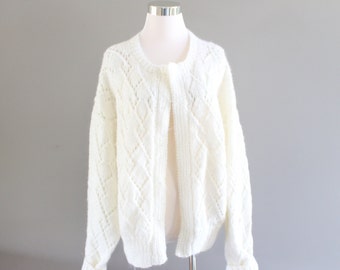 Kleding Dameskleding Sweaters Vesten Vintage handgemaakte vest kabel gebreide boho stijl puur wit slouchy fit acryl retro maat M-L K185A 