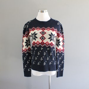 Vintage Knit Jumper Dark Blue Nordic Sweater Norwegian Acrylic Sweater Fair Isle Sweater Size S retro #K141A