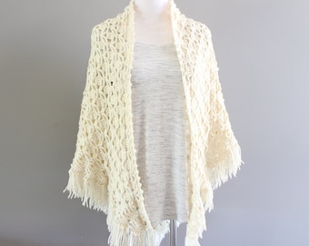 Vintage Handmade Crochet Shawl: Ivory Wool Blend Boho Poncho