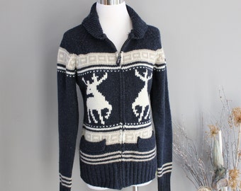 Vintage Cowichan Reindeer Pattern Wool Blend Zip Up Collared Size S K399A