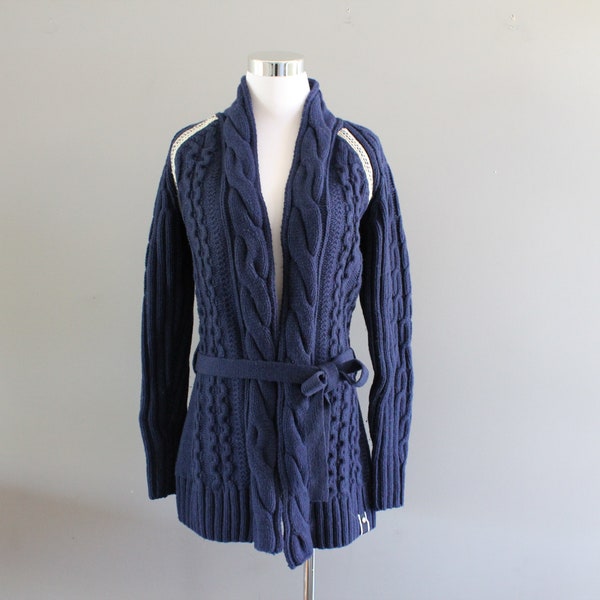 vintage Corde cardigan bleu marine câble en coton long tricot cardigan boho tricot duster minimaliste bleu marine robe du matin rétro 90s Taille M K194A