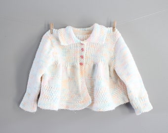 Hand Knitted Baby Girl Cardigan Mixed Colour Baby Girl Matinee Coat Naming Day Outfit, Handmade Cardigan Size 3 to 6 months