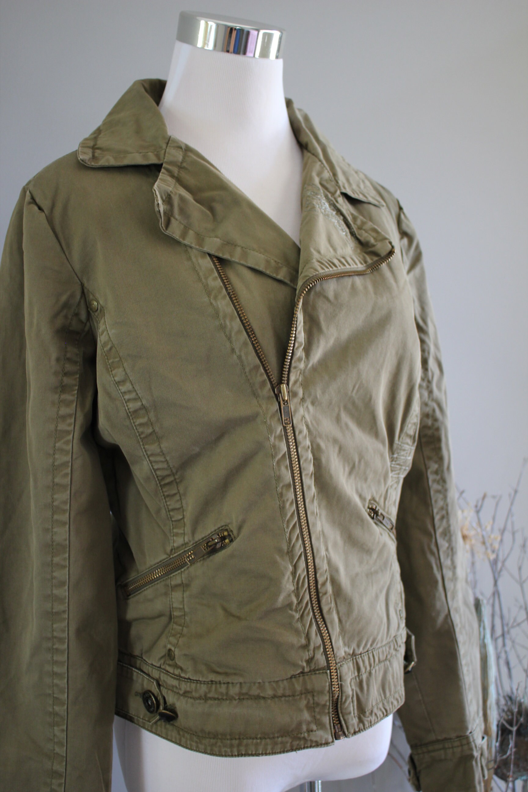 Vintage Biker Jacket Olive Green Cotton Petite Biker Jacket Etsy UK